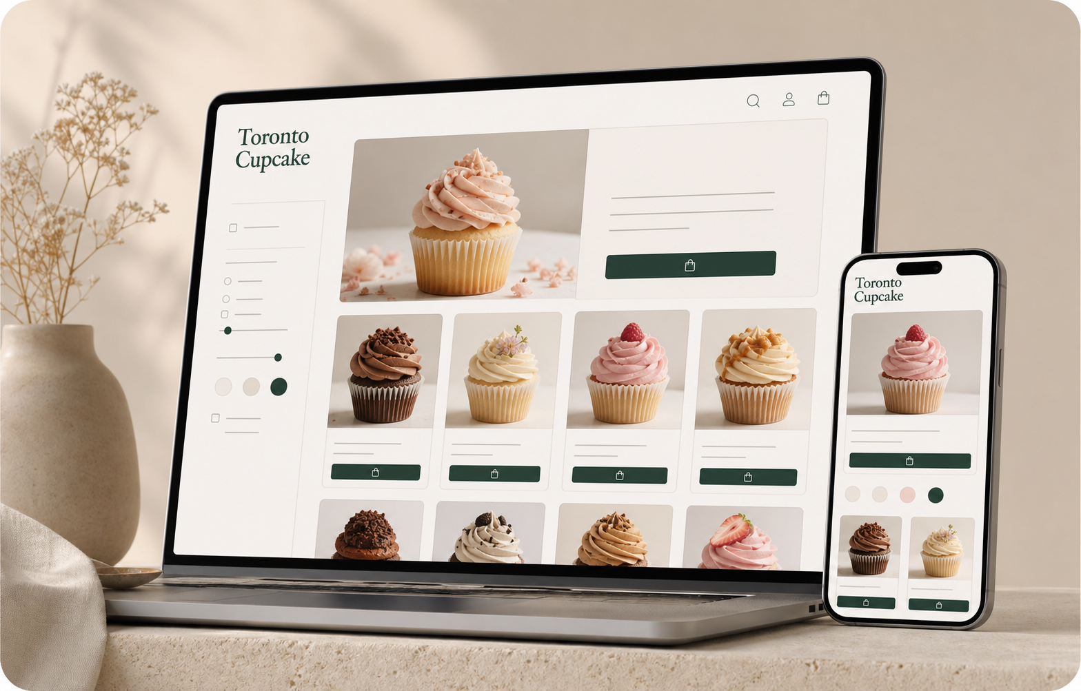 Toronto Cupcake ecommerce web and mobile interface mockups