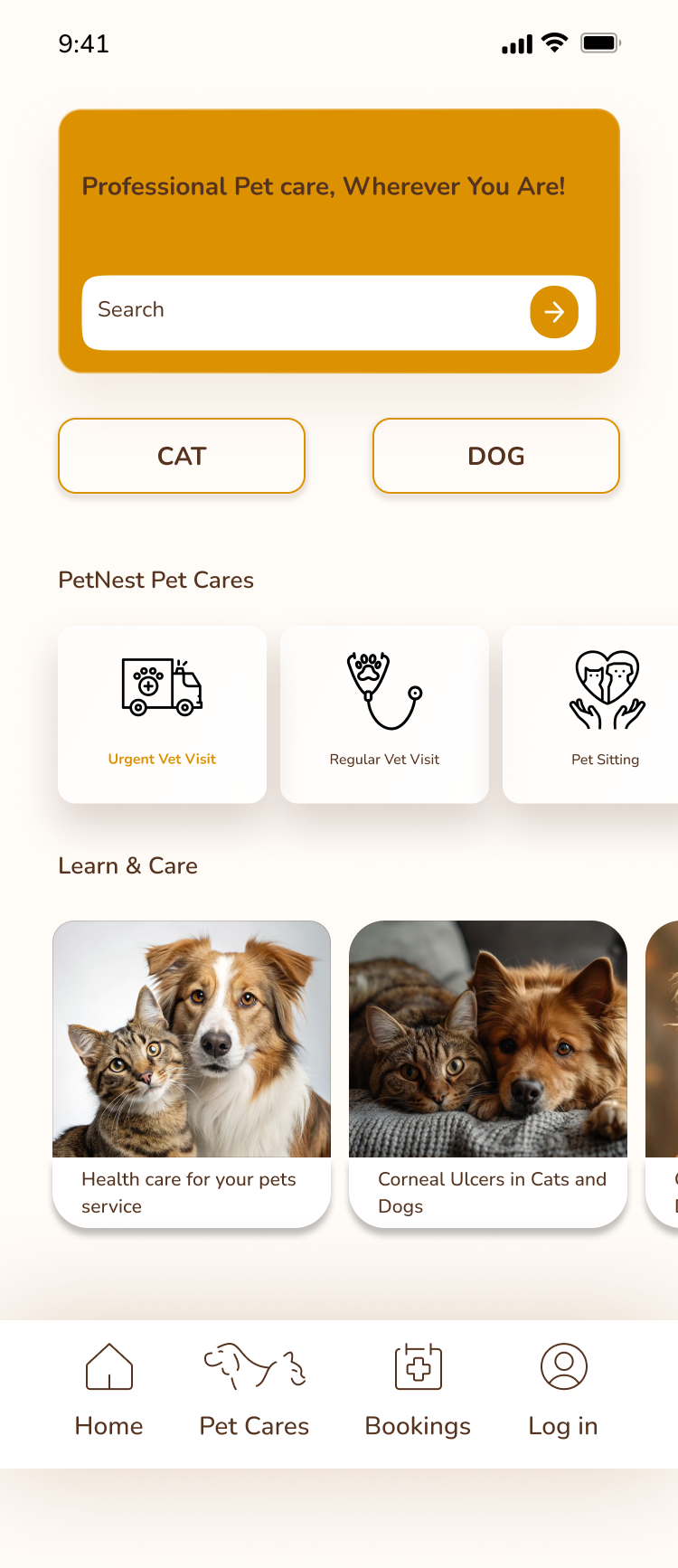 PetNest app homepage version 3 with search hero, cat and dog buttons, service cards, learn and care cards, and simplified bottom navigation