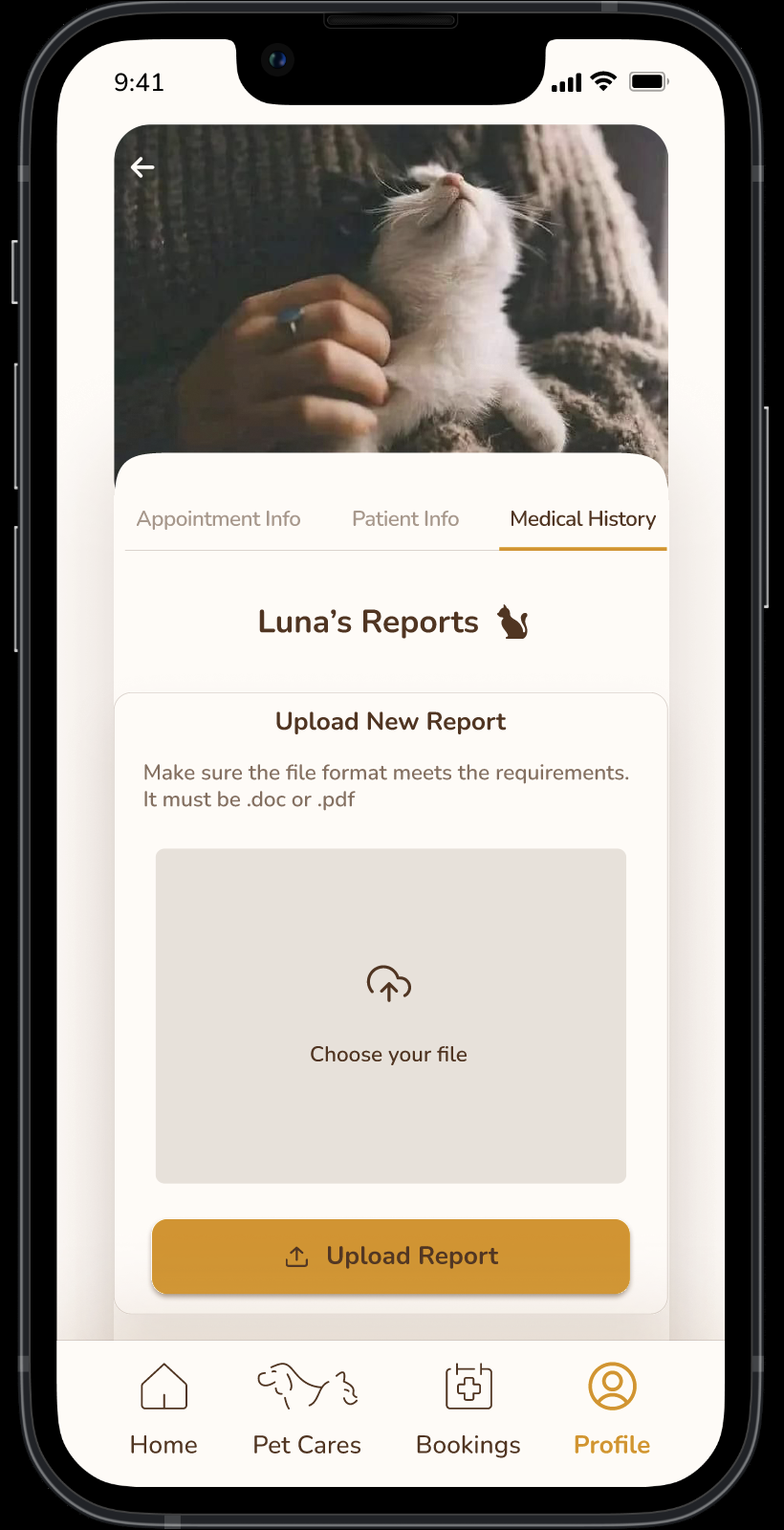 PetNest final medical history screen with upload new report controls