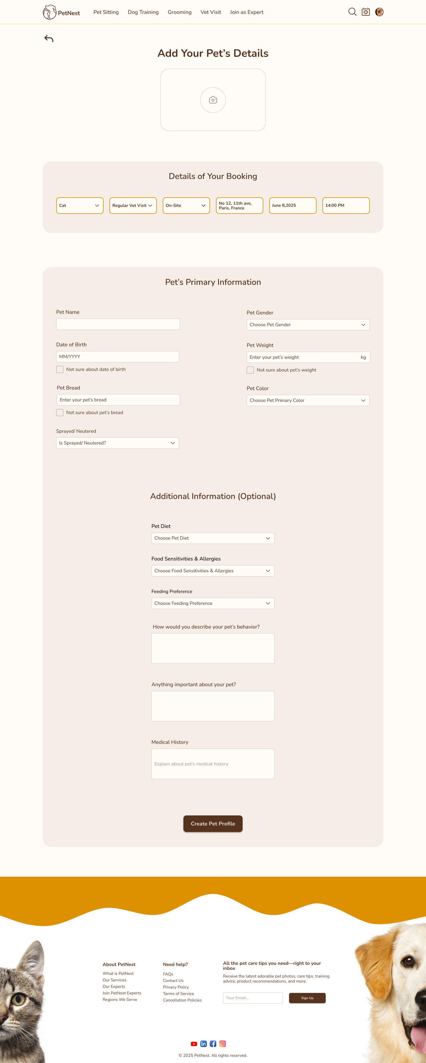 PetNest final add pet details page with booking summary and pet profile form
