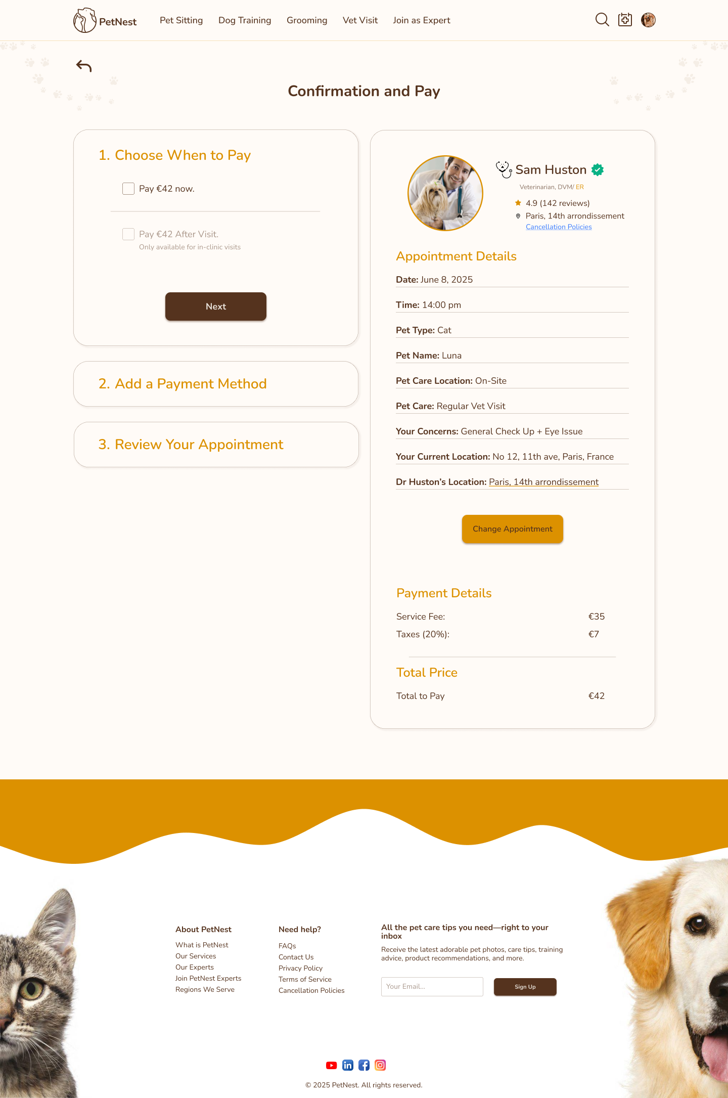 PetNest final confirmation and payment page with payment timing choices, appointment details, provider summary, and total price