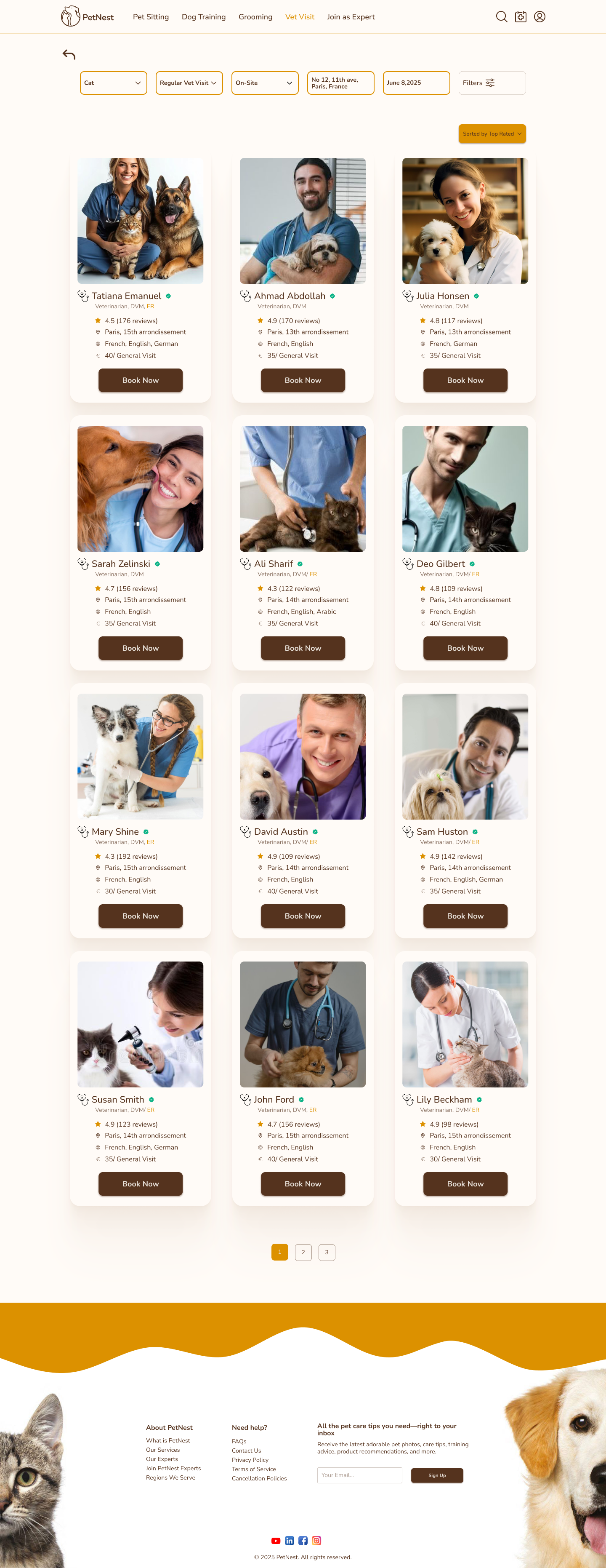 PetNest final vet visit filtering page with top filters, expert cards, ratings, prices, and booking actions