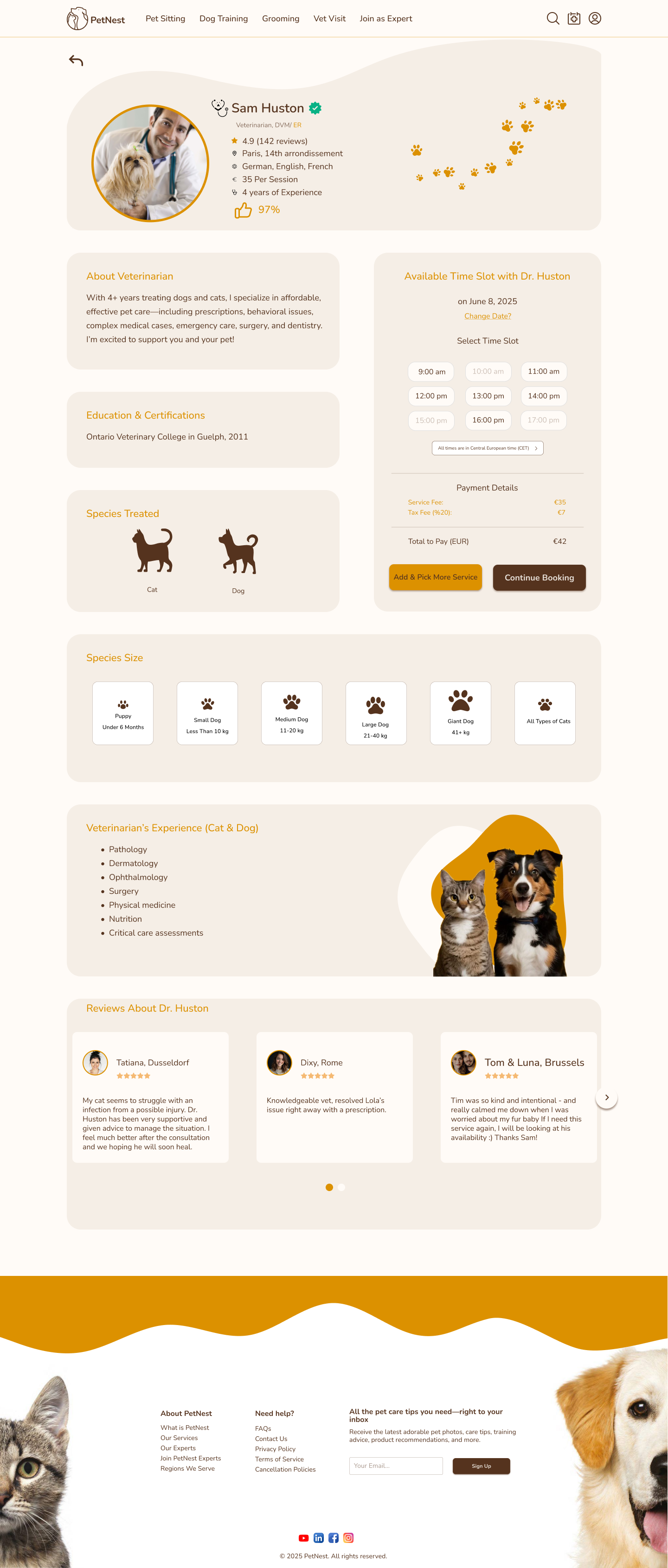 PetNest final veterinarian profile with expert details, time slots, payment summary, species, experience, and reviews