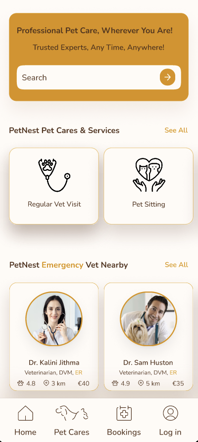 PetNest mobile homepage showing services, nearby veterinary experts, and primary navigation