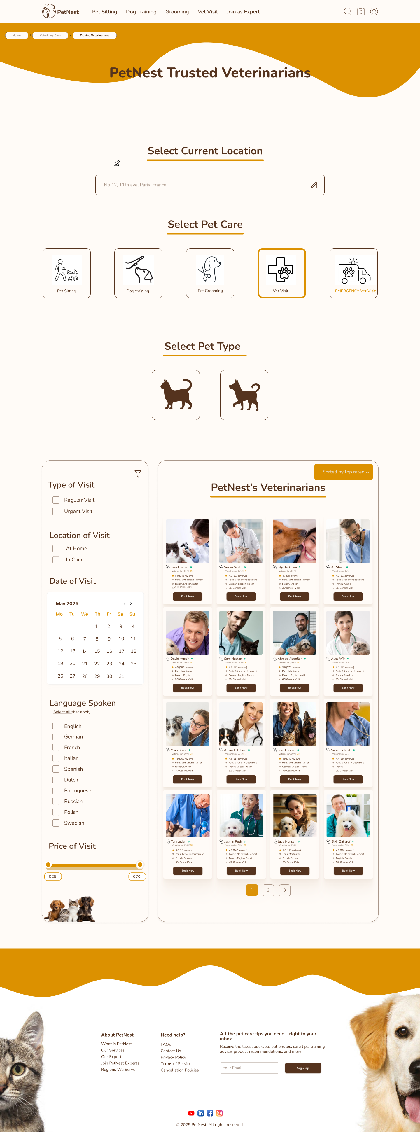 PetNest vet visit filtering version 1 with separate location, pet care, pet type, sidebar filters, and veterinarian results