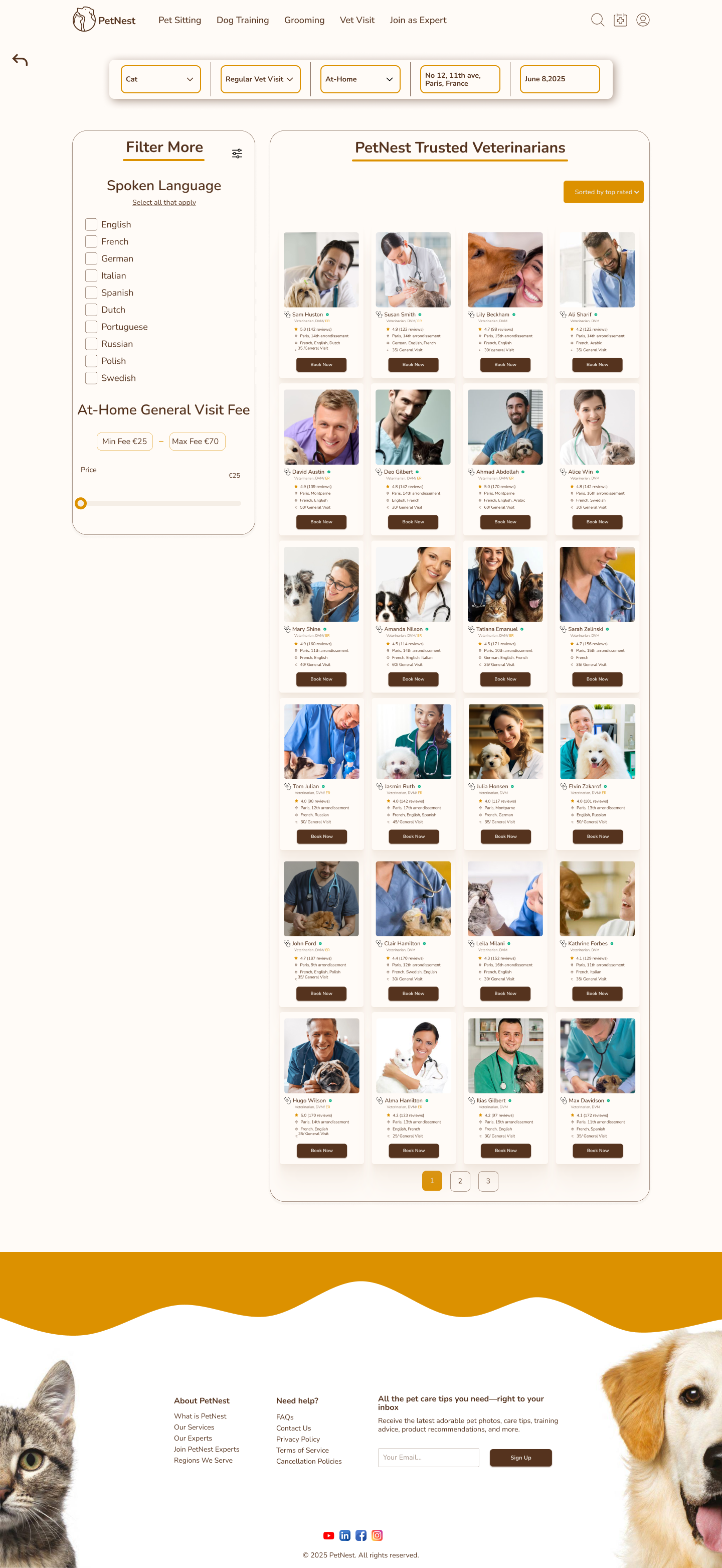 PetNest vet visit filtering version 2 with top filter bar, filter more panel, and expanded veterinarian results