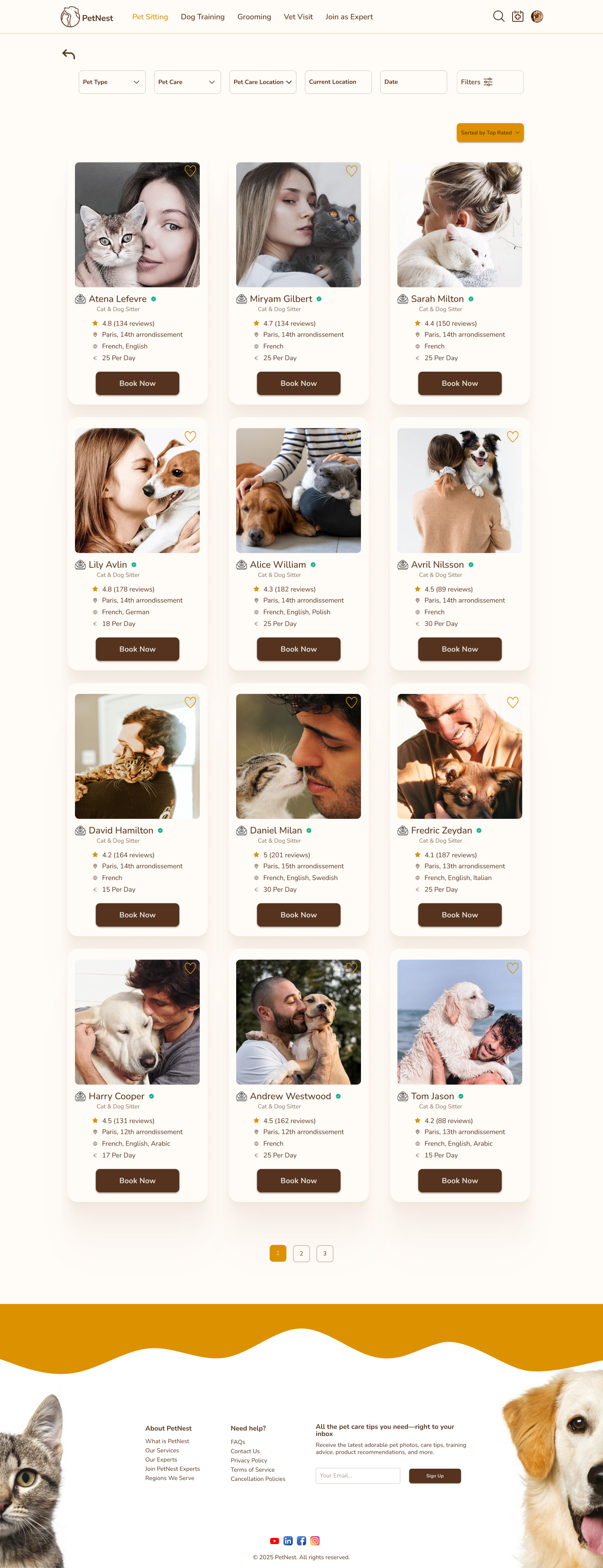 PetNest final vet visit filtering page with simplified top filters, filter button, larger expert cards, saved favorites, and pagination